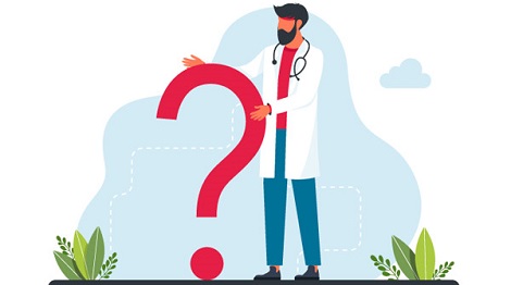 Illustration of a clinician stood next to a question mark